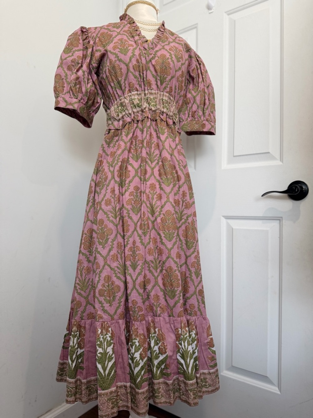 Victoria Dunn Pink Floral Puff-Sleeve Maxi Dress